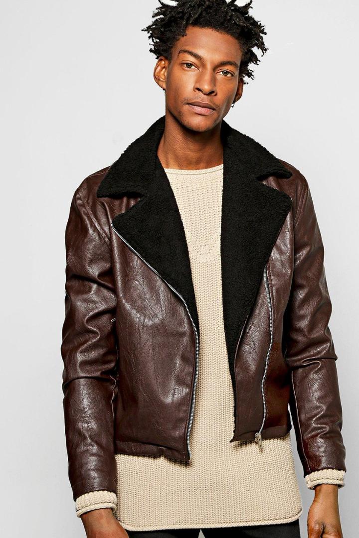 Boohoo Pu Aviator Jacket W Borg Collar Chocolate