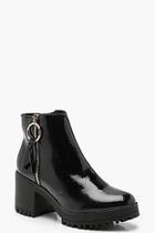 Boohoo O Ring Zip Trim Patent Cleated Ankle Shoe Boots