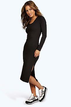 Boohoo Petite Jasmine Rib Side Split Midi Dress