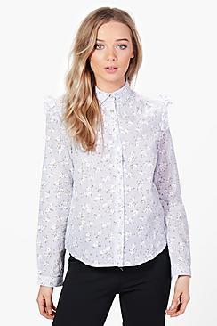 Boohoo Cara Stripe Floral Ruffle Shirt