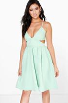 Boohoo Boutique Jia Jacquard Cut Out Skater Dress Green