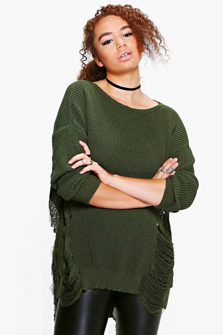Boohoo Plus Jenna Distressed Longline Knitted Jumper Khaki