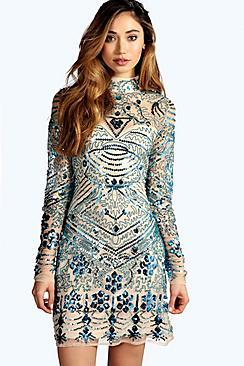 Boohoo Boutique Embellished High Neck Bodycon Dress