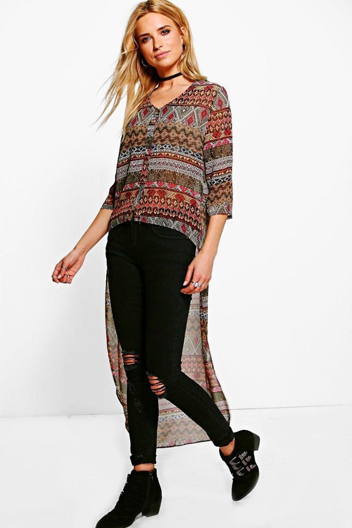 Boohoo Naomi Aztec Dip Hem T-shirt Khaki