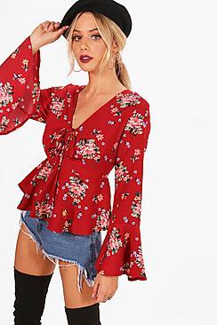 Boohoo Skye Printed Lace Up Flare Sleeve Blouse