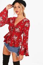 Boohoo Skye Printed Lace Up Flare Sleeve Blouse