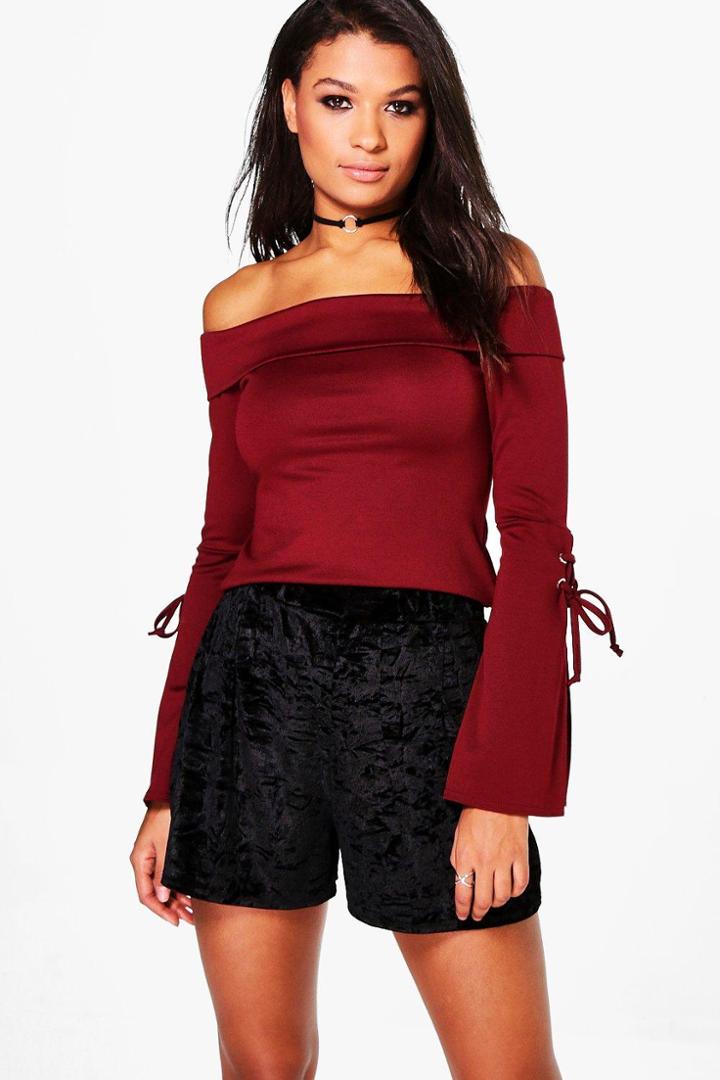 Boohoo Vivian Lace Up Sleeve Bardot Top Wine