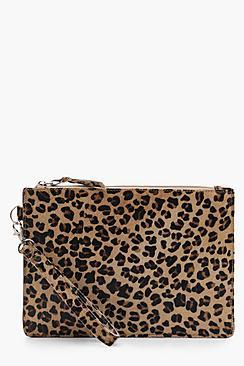 Boohoo Bella Leather Leopard Pony Zip Top Clutch
