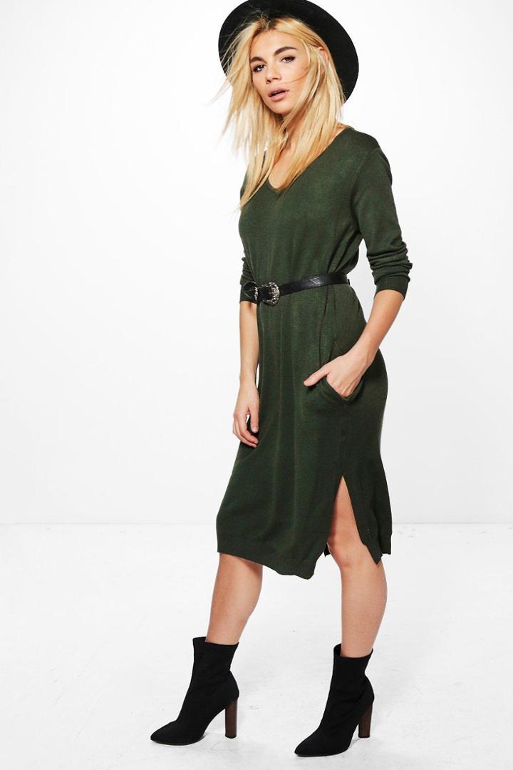 Boohoo Sofia V-neck Jumper Dress Khaki