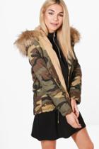 Boohoo Jessica Short Camo Faux Fur Lined Parka Natural