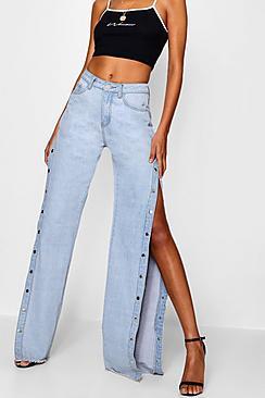 Boohoo Tall Popper Detail Wide Leg Jeans
