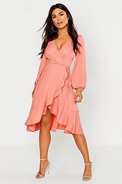 Boohoo Crepe Ruffle Wrap Midi Skater Dress