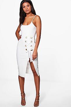 Boohoo Ita Strappy Eyelet Lace Up Midi Dress