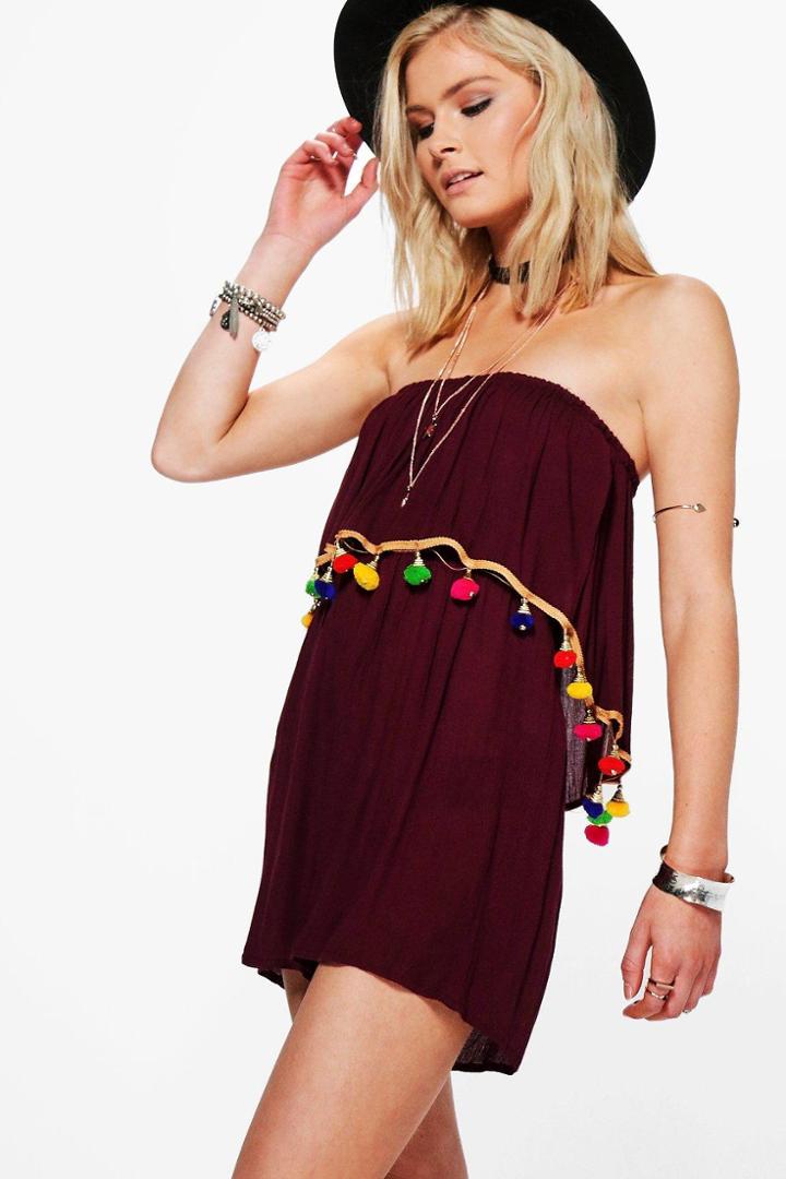 Boohoo Daisy Pom Pom Off The Shoulder Playsuit Wine