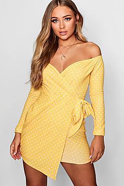 Boohoo Off The Shoulder Polka Dot Wrap Dress