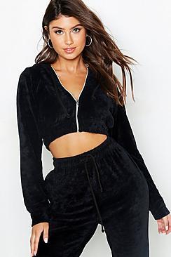 Boohoo Cropped Velvet Zip Through Hoody