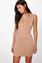 Boohoo Elizabeth Strappy Wrap Front Mini Dress Camel