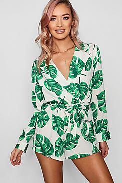 Boohoo Palm Print Wrap Over Playsuit