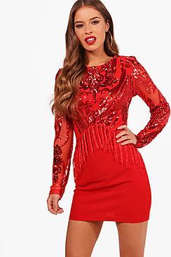 Boohoo Petite Long Sleeve Sequin Tassel Dress