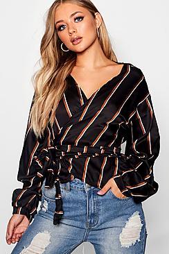 Boohoo Melanie Wrap Stripe Balloon Sleeve Blouse