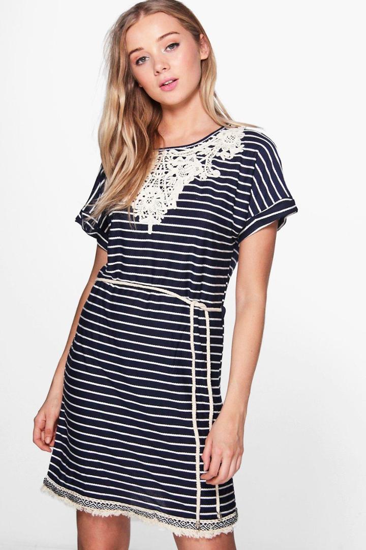 Boohoo Blake Crochet Detail Rope Belt T-shirt Dress Navy