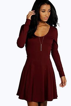 Boohoo Sara Seam Detail Long Sleeve Skater Dress