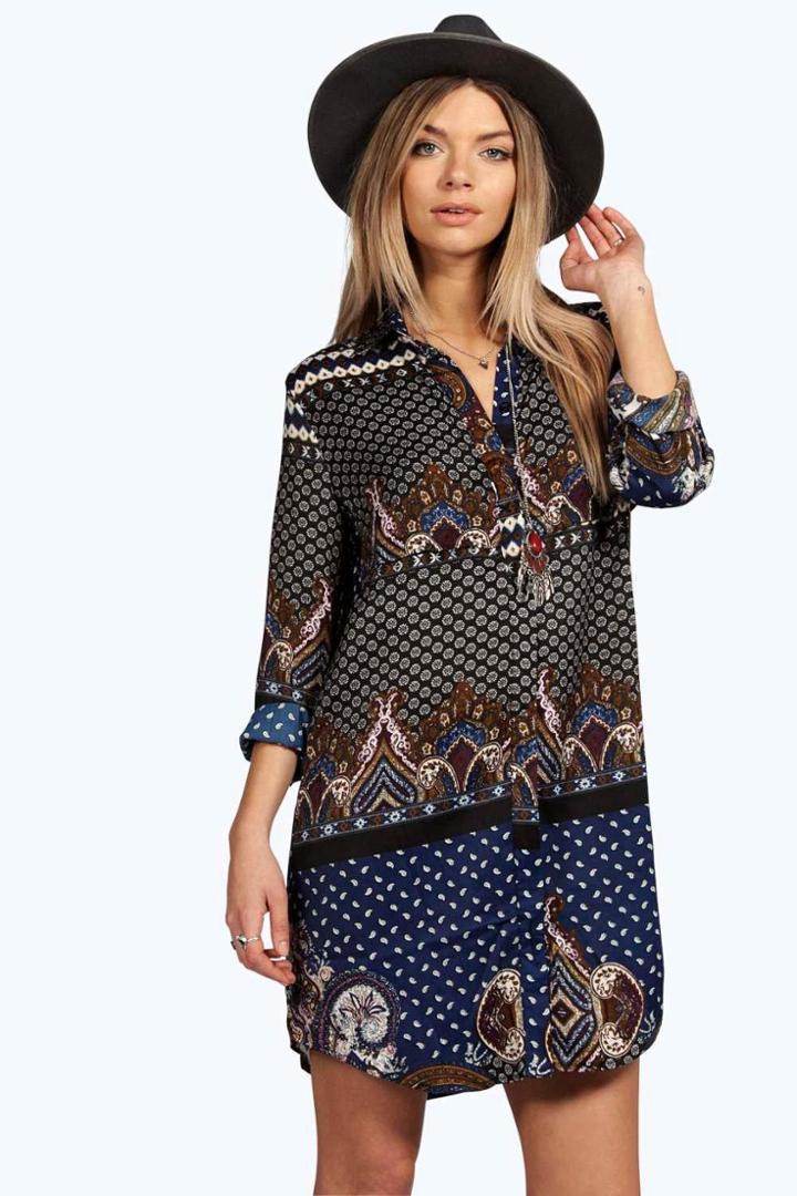 Boohoo Debbie Paisley Border Print Shirt Dress Navy