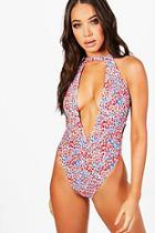 Boohoo Malta Ditsy Floral Cut Out Plunge Swimsuit