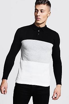 Boohoo Long Sleeve Knitted Colour Block Polo
