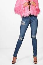 Boohoo Maria Mid Rise Distressed Thigh Skinny Jeans