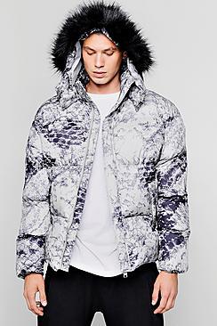 Boohoo Faux Fur Trimmed Hooded Printed Puffer