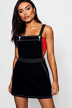 Boohoo Bianca Contrast Stitch Denim Pinafore Dress
