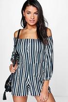Boohoo Laura Striped Off The Shoulder Playsuit