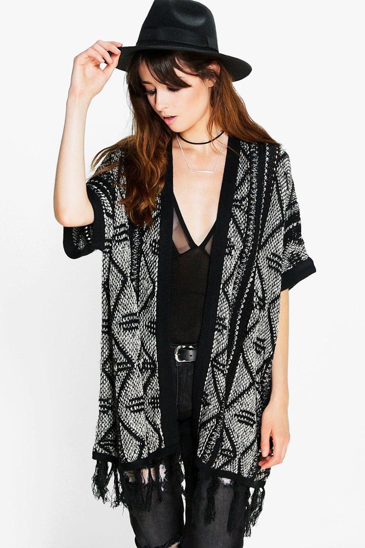 Boohoo Iris Aztec Tassel Trim Cape Cardigan Black
