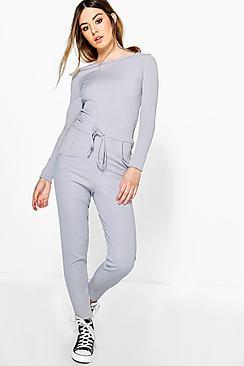 Boohoo Petite Rib Tie Waist Jumpsuit