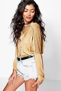 Boohoo Mandy Crochet Trim Blouse