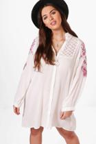 Boohoo Plus Alice Lace Insert Embroidered Shirt Dress White