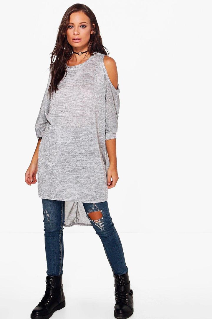 Boohoo Ellie Cold Shoulder Dip Hem Knit Top Grey