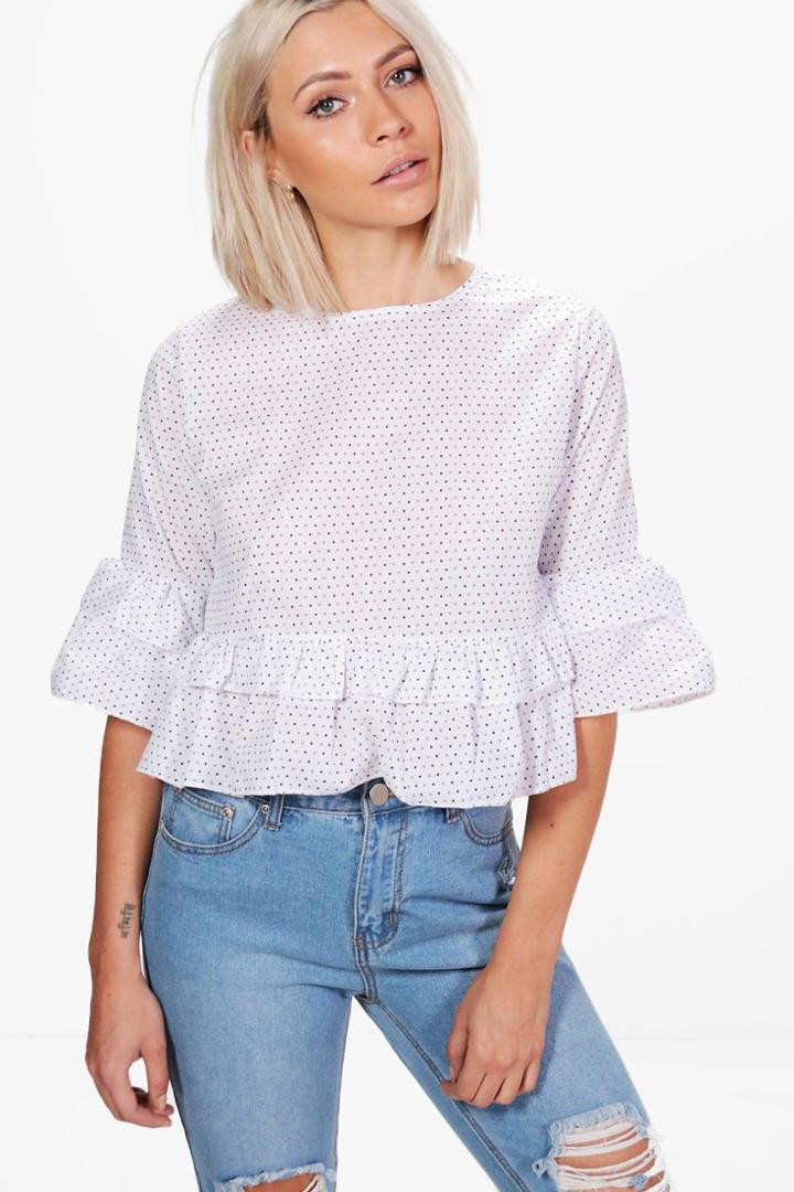 Boohoo Madison Spot Ruffle Tiered Top White