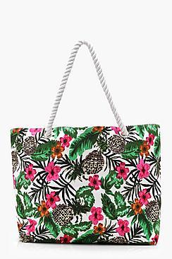 Boohoo Kate Tropical Print Rope Handle Beach Bag