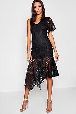 Boohoo Premium Lace Asymmetric Midi Dress