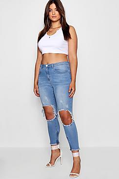 Boohoo Plus Liv Zip Bottom Ripped Stretch Skinny Jean