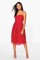 Boohoo Boutique Abie Embroidered Strappy Midi Skater Dress Berry