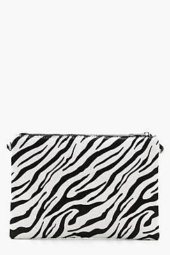 Boohoo Faux Zebra Print Clutch With Chain