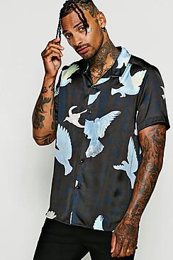 Boohoo Bird Print Sateen Short Sleeve Revere Shirt