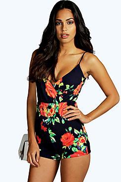 Boohoo Rhian Floral Print Strappy Wrap Playsuit
