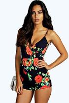 Boohoo Rhian Floral Print Strappy Wrap Playsuit