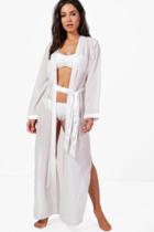 Boohoo Lydia Satin Tie Maxi Beach Kimono White