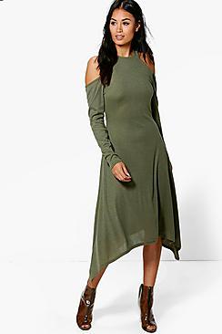 Boohoo Jo Cold Shoulder Asymmetric Rib Midaxi Dress