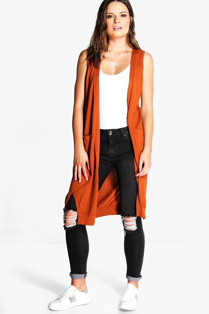 Boohoo Maria Sleeveless Fine Knit Cardigan Cinnamon